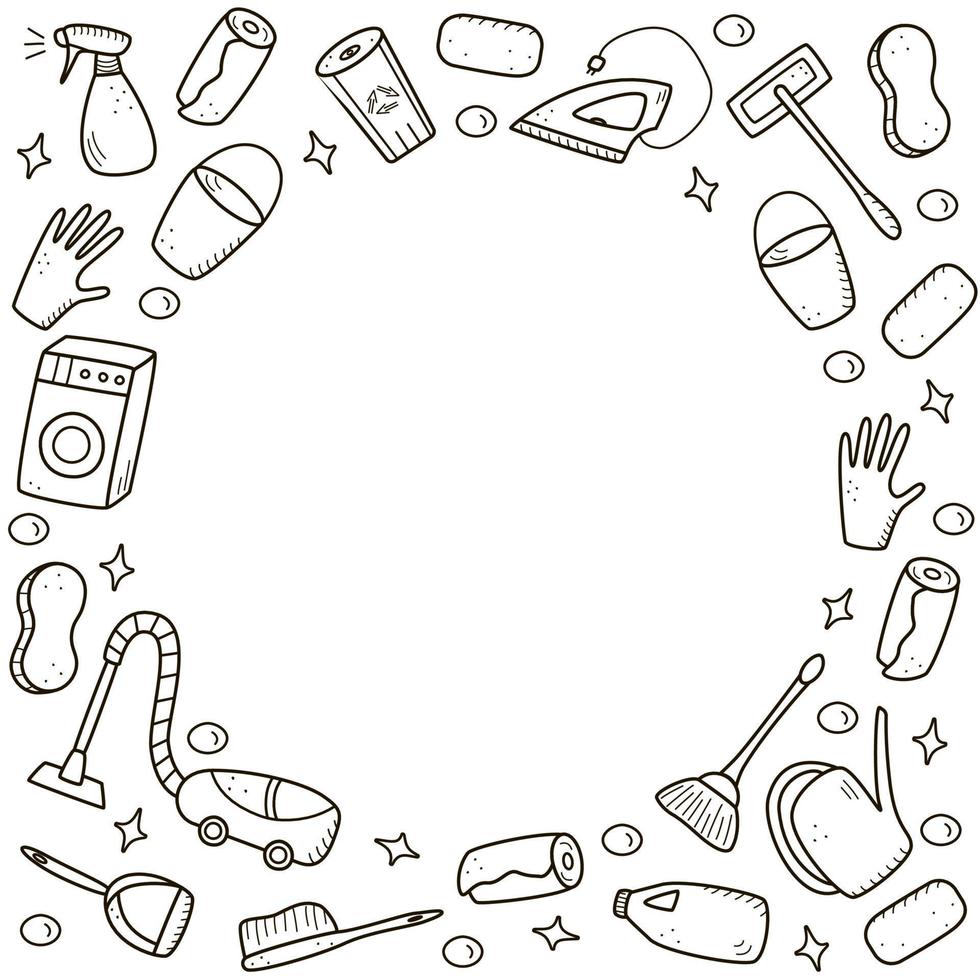 Doodle style vector cleaning elements. A set of drawings of cleaning products and items. Room washing kit