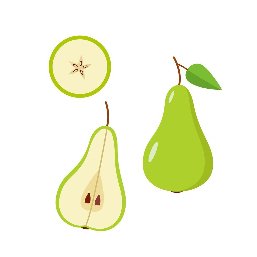 Green pear is whole, half and a pear slice on a white background. Vector illustration of ripe juicy fruit pears