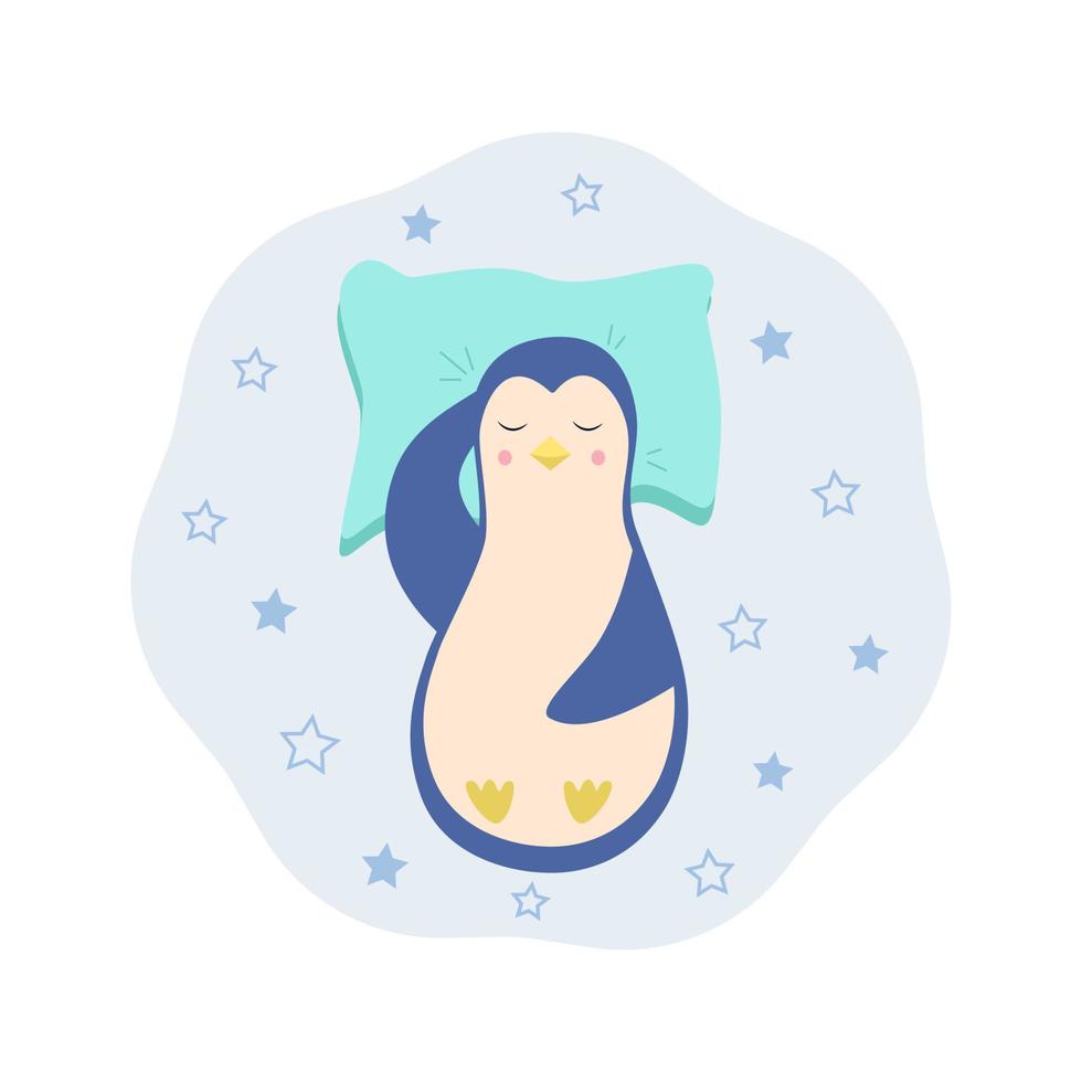 A cartoon penguin sleeps on a pillow. Funny cute sleeping penguin character for kids concept. Vector illustration