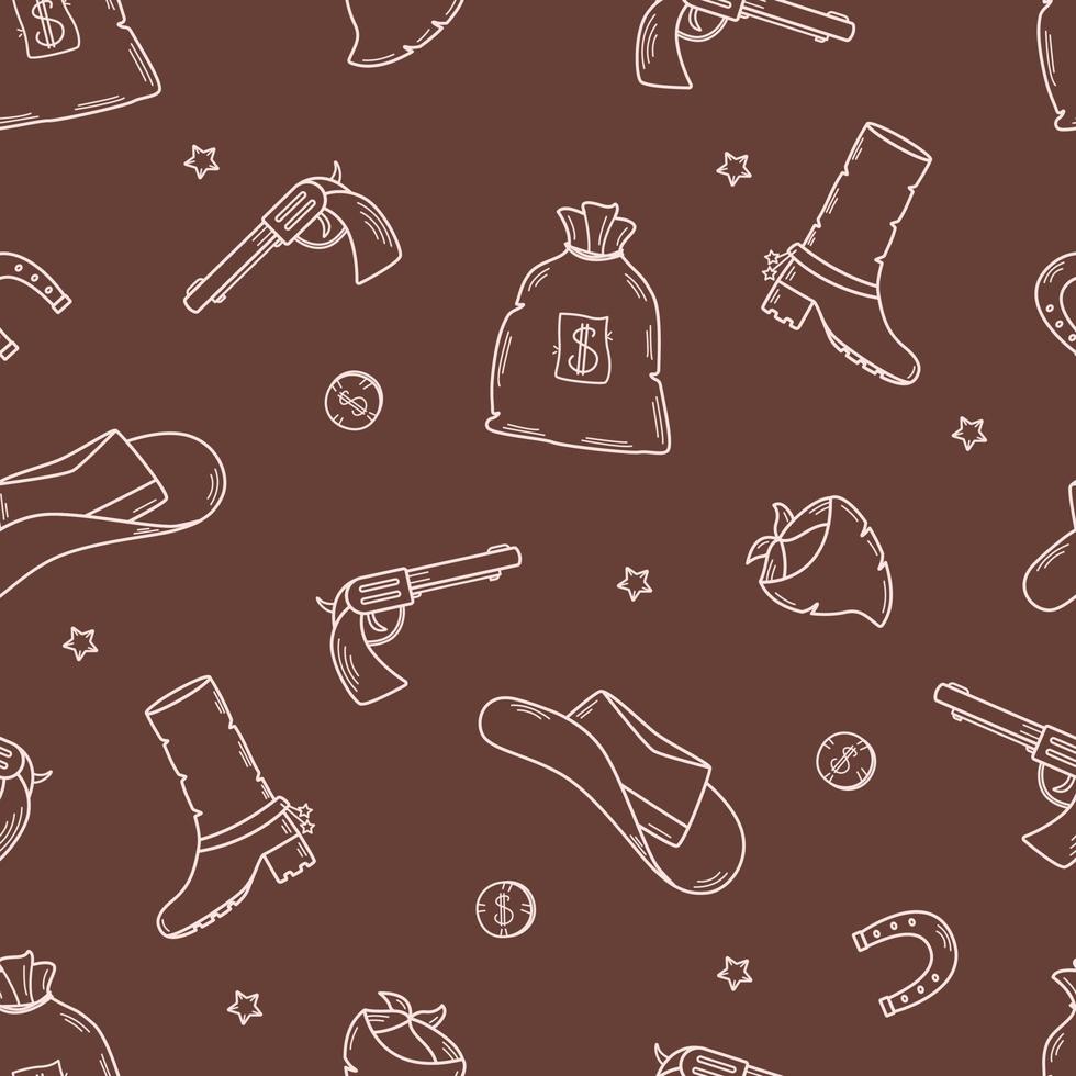 Seamless pattern wild west set of vector illustrations. Cowboy western elements icon. hat, neckerchief, boots, horseshoe, bag and money, pistol