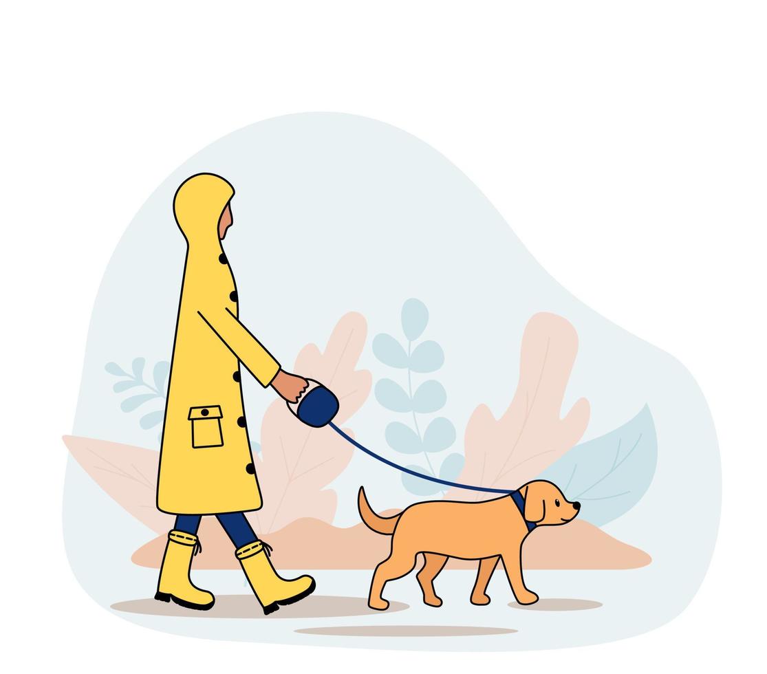 A girl in a raincoat walks a dog on a leash in an autumn park. Vector illustration.