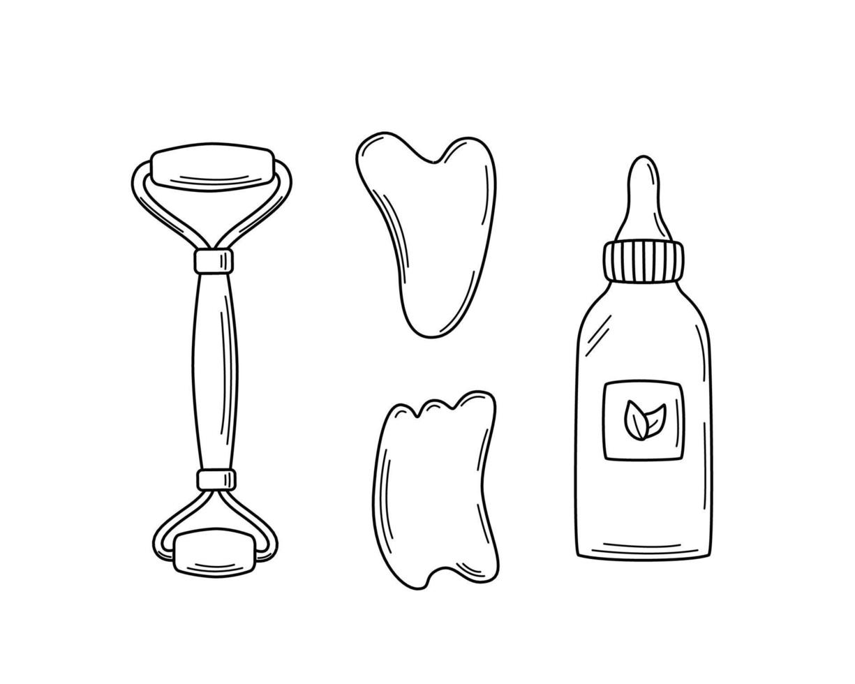 A set of trendy gua sha scrapers made of natural stone and cosmetic oil, roller massager for facial care. Vector illustration skin care concept