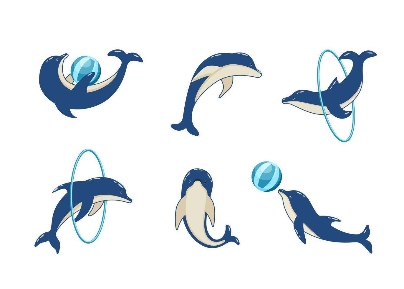 conjunto de delfines de dibujos animados en diferentes poses, ilustración vectorial de animales marinos. delfines pintados nadan y jugadores en delfinario vector