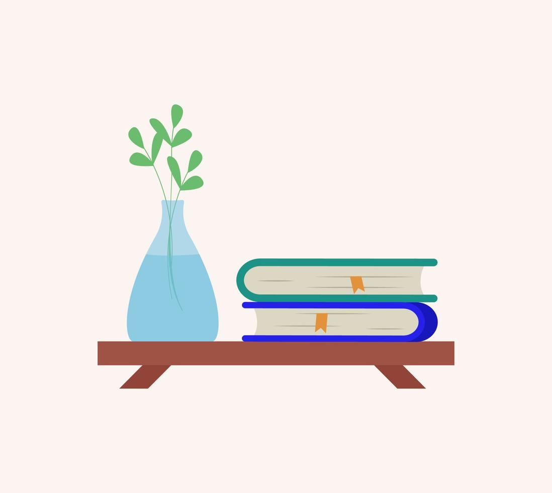 Wall shelf with books and a vase of flowers in a flat style, vector illustration, concept of education, school and reading