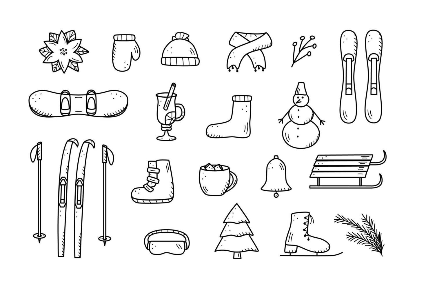 New Year and Christmas elements in the doodle style. Vector illustration of winter clothing, sports equipment, spruce, food and drinks. Winter vacation icons