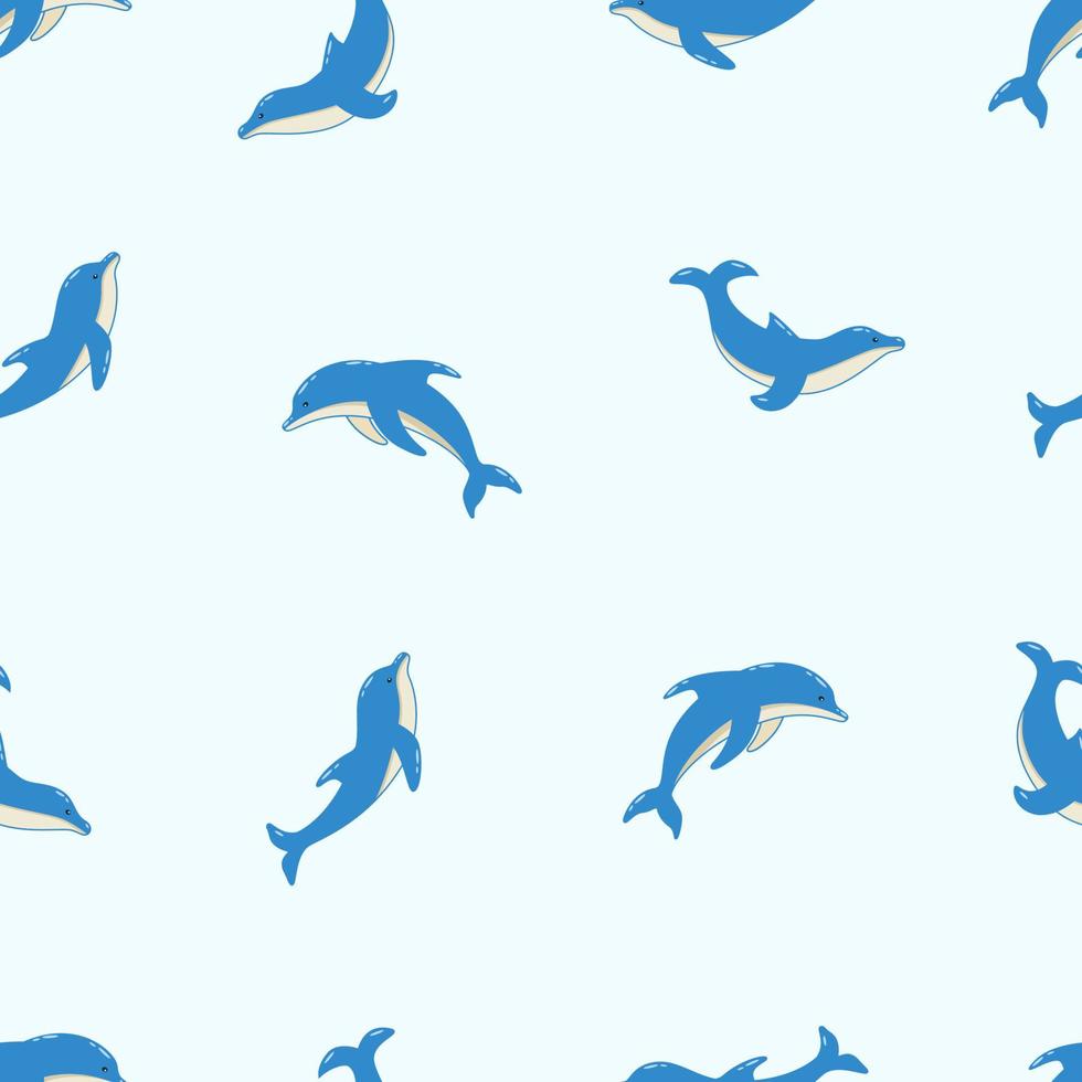 Seamless Pattern Set of cartoon dolphins in different poses, vector illustration of marine animals. Painted dolphins swim