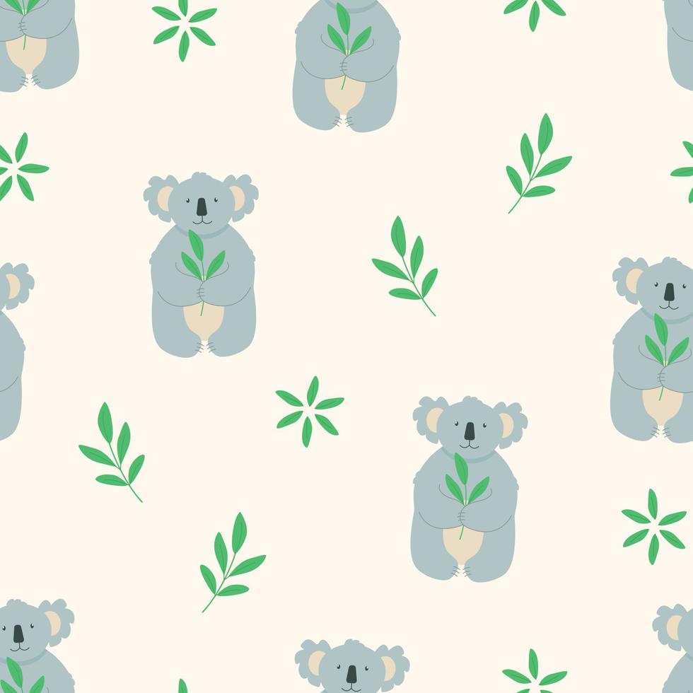 patrón sin costuras lindo personaje de dibujos animados koala con una ramita de hojas de eucalipto verde. ilustración vectorial vector