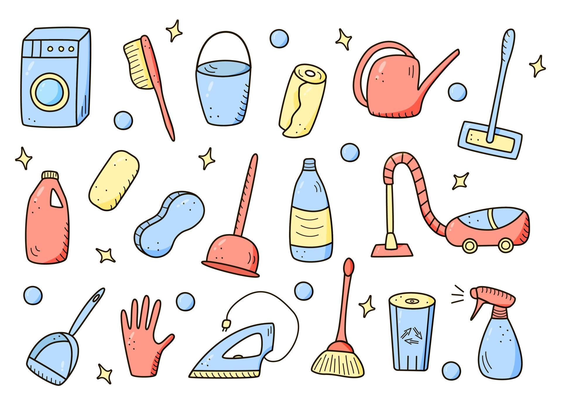 Doodle style vector cleaning elements. A set of drawings of cleaning