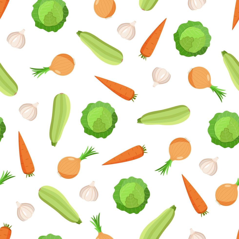 Seamless pattern of seasonal autumn vegetables. Background of zucchini, cabbage, carrots, onions and garlic vector