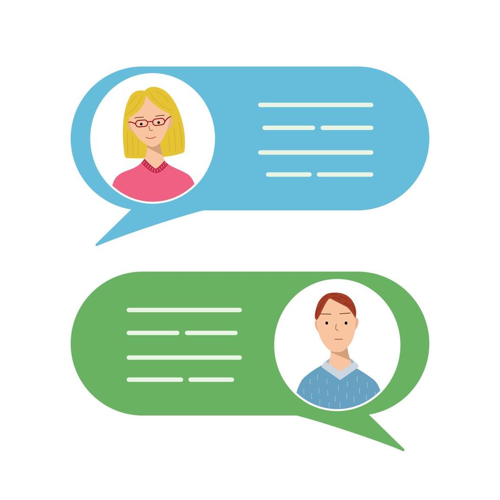 Avatars of men and women in speech bubbles. Concept of chat, message, web communicate, messenger. Vector illustration of an online conversation