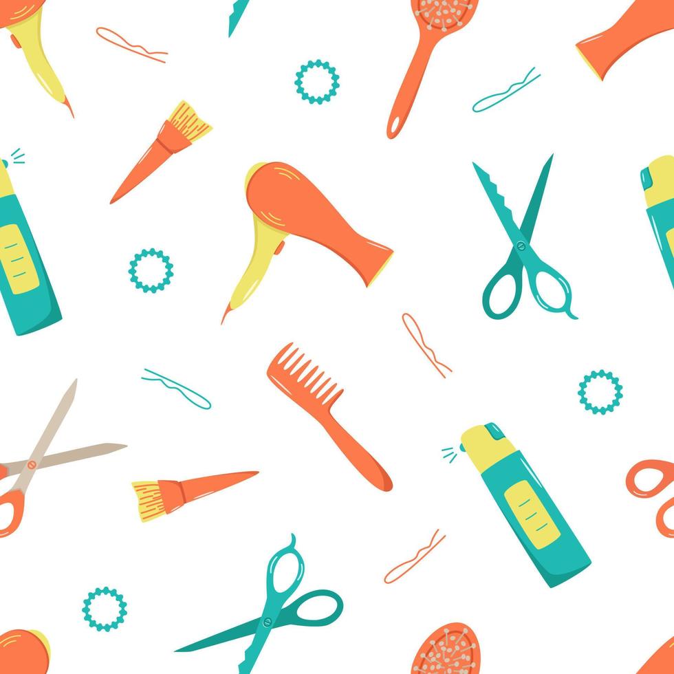 Seamless pattern hairdressing tool kit for beauty salon or home use. Vector illustration of doodle icons for self and hair care. Comb, razor, hair dryer, curling iron and other items