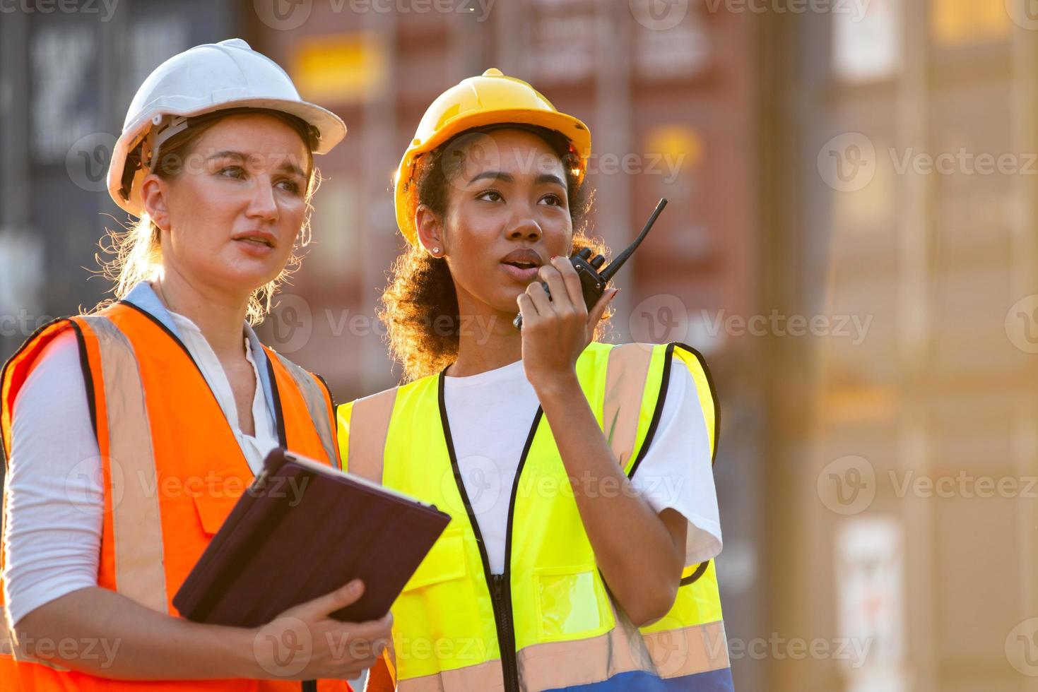 Businesswoman and logistics woman worker checking containers box and loading products in computer  from Cargo freight ship at Cargo container. photo