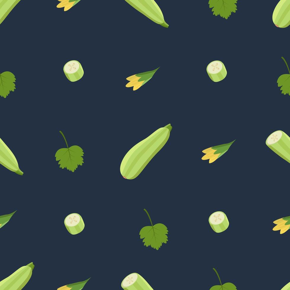 calabacín de patrones sin fisuras entero y cortado, flores de calabacín y hojas. ilustración vectorial de verduras, un conjunto de calabacín de cosecha vector
