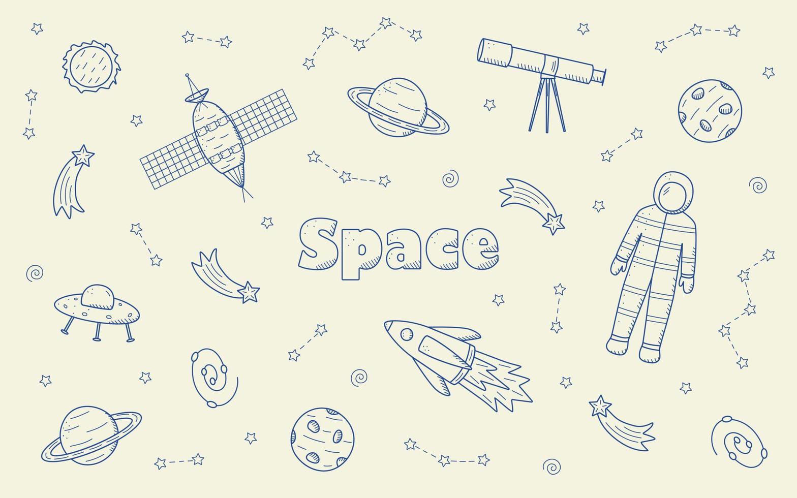 Cosmos doodle is a set of vector illustrations. Seamless pattern icons of space elements rocket cosmonaut stars satellite telescope comet