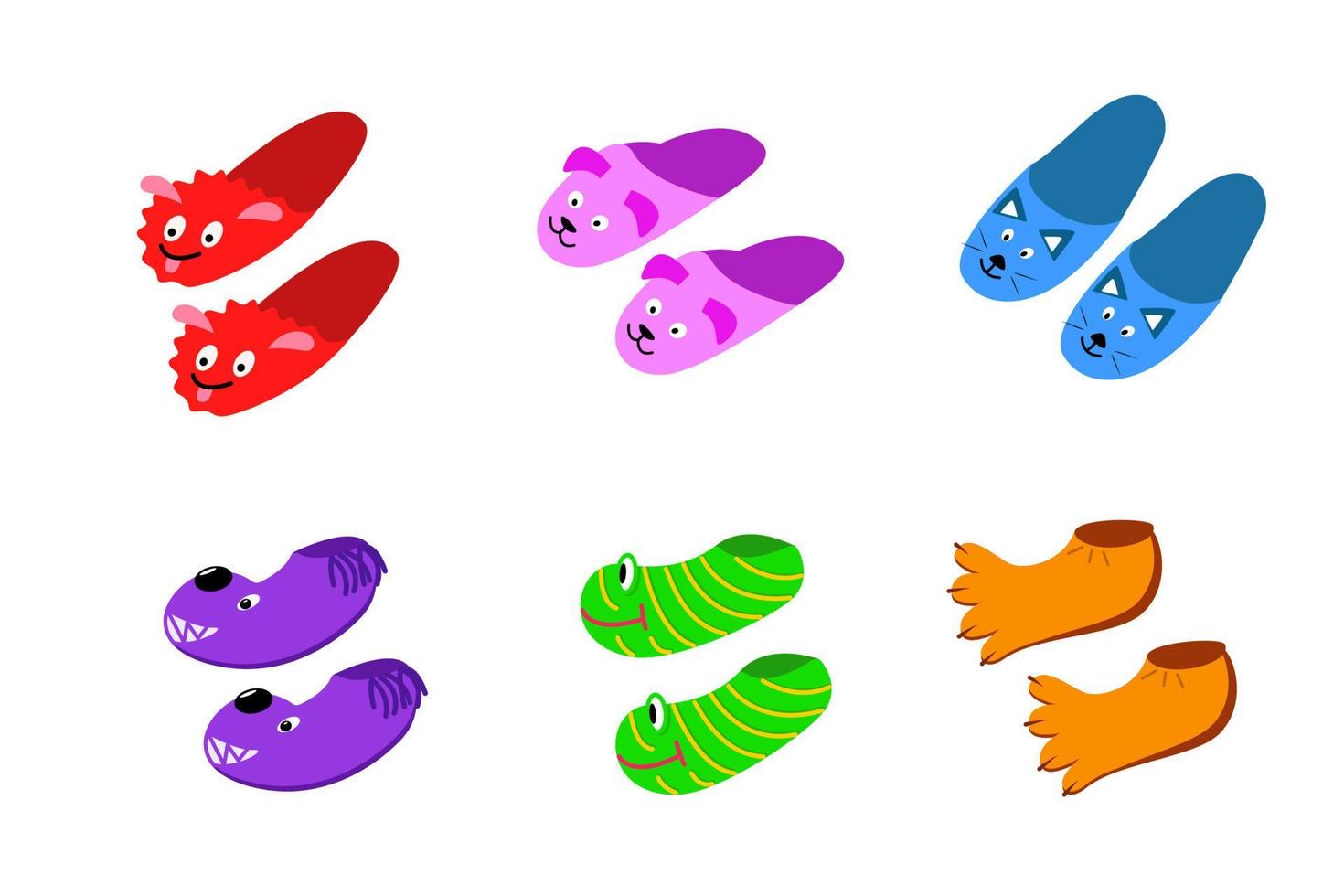 juego de zapatillas de casa. divertidas zapatillas de dibujos animados para niños y familias. ilustración vectorial vector