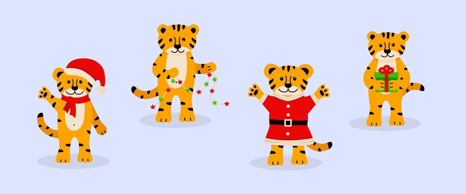 un conjunto de tigre de navidad, lindos símbolos de dibujos animados del año. ilustración vectorial, el concepto de navidad y año nuevo vector