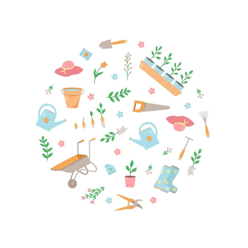 Garden tools and plants, a set of vector doodle illustrations. Concept gardening, a summer hobby