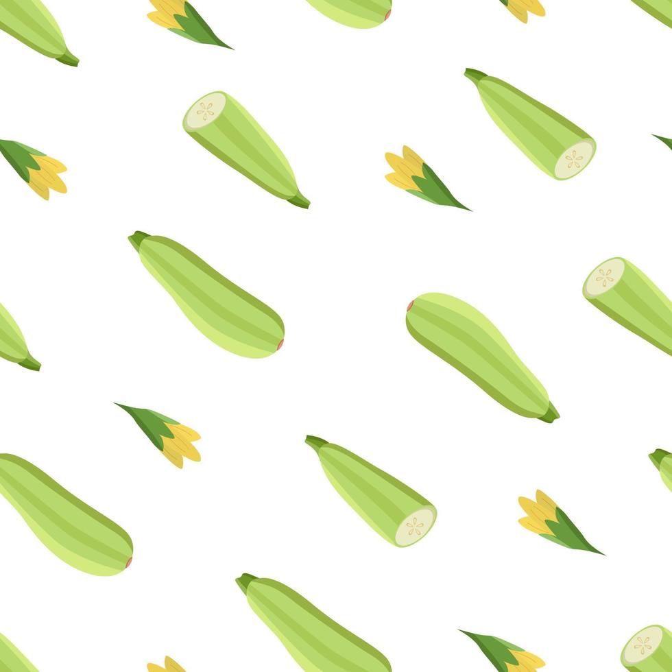 Seamless Pattern Zucchini whole and cut, zucchini flowers and leaf. Vector illustration of vegetables, a set of harvest courgette