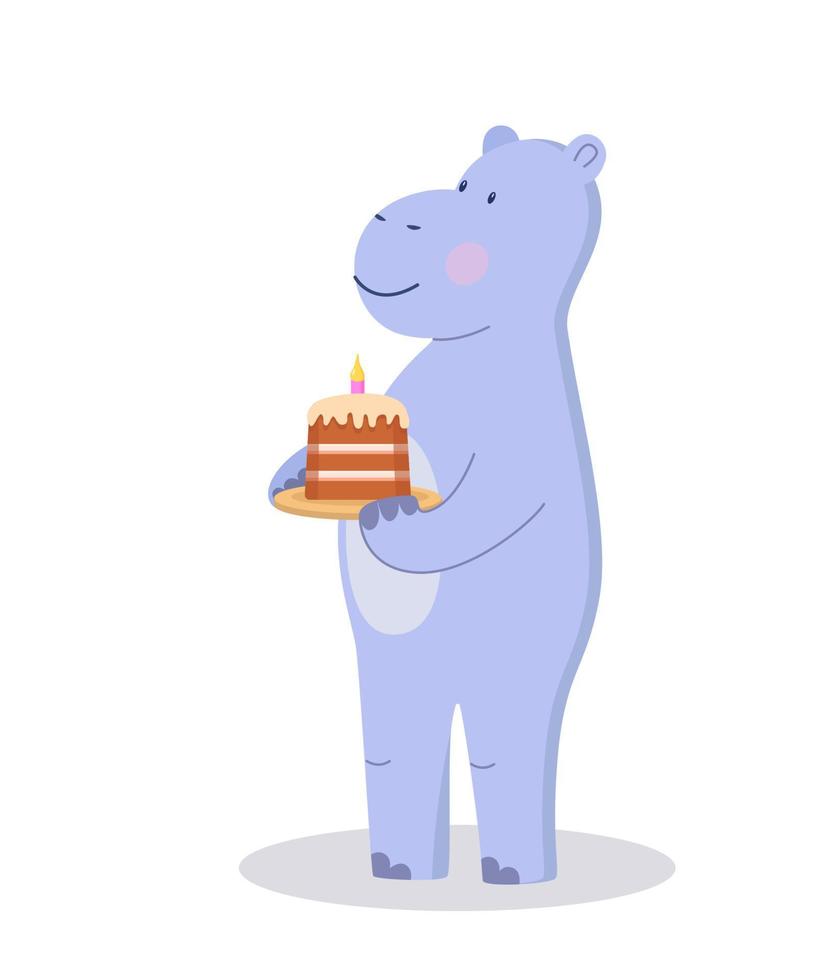 Cute cartoon hippo character with a cake in his hands. Vector illustration isolated on white. Concept birthday party, a holiday for children