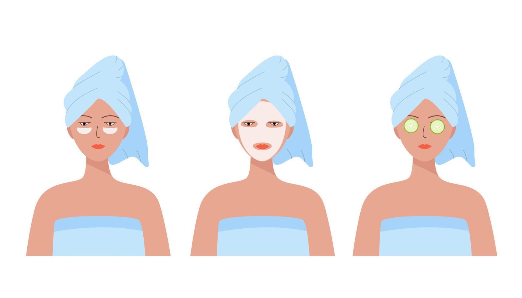 mujer con una toalla en la cabeza. parches cosméticos, mascarilla y pepinos en la cara, tres opciones para el autocuidado en casa vector