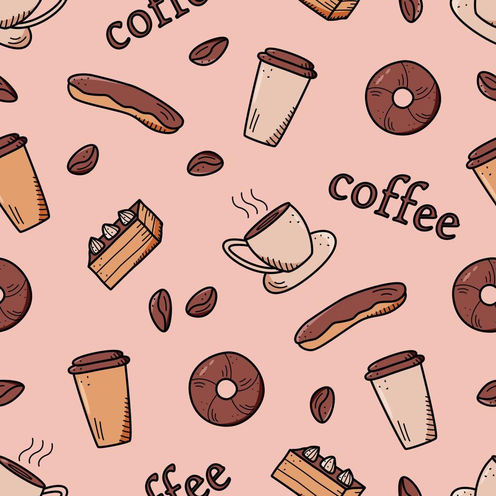 Seamless pattern with elements of coffee and dessert. Vector background of cafe concept and sweet cakes