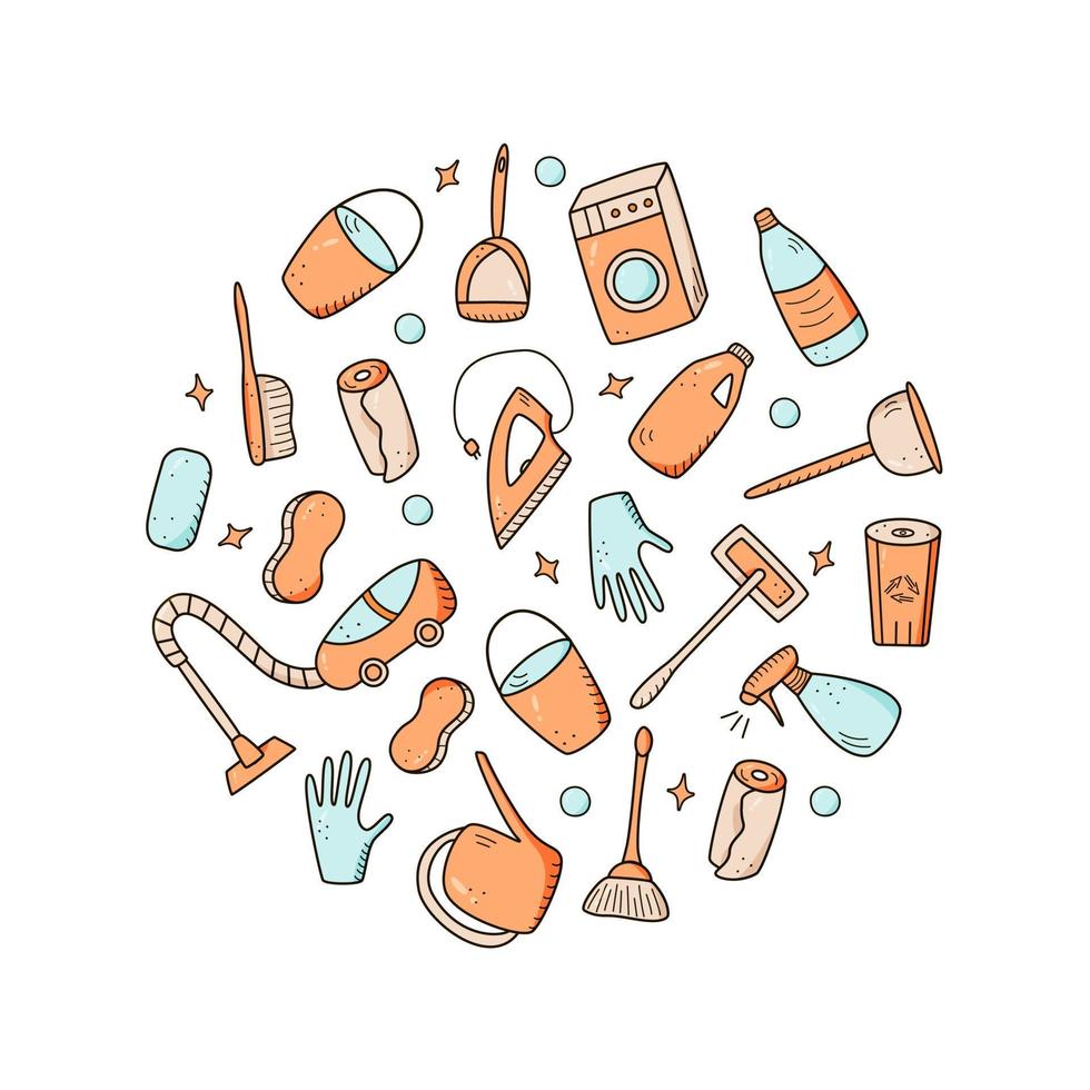 Doodle style vector cleaning elements. A set of drawings of cleaning products and items. Room washing kit