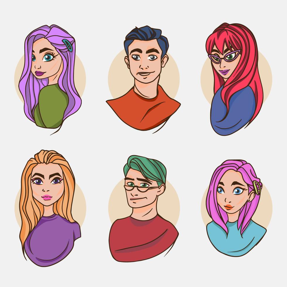 Set of portraits icons of people with multicolored hair vector