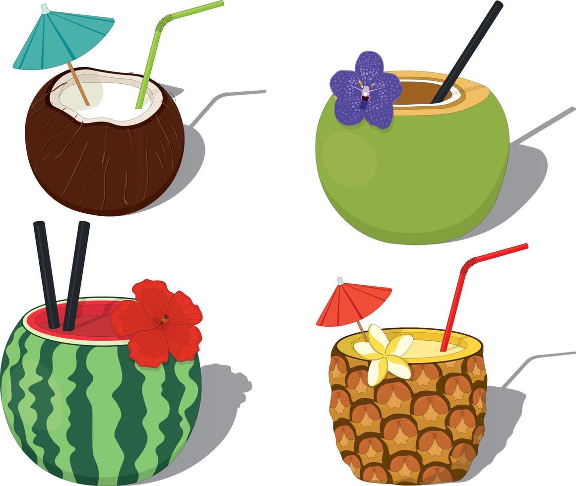 Summer beach cooling cocktails served in fruits vector illustration