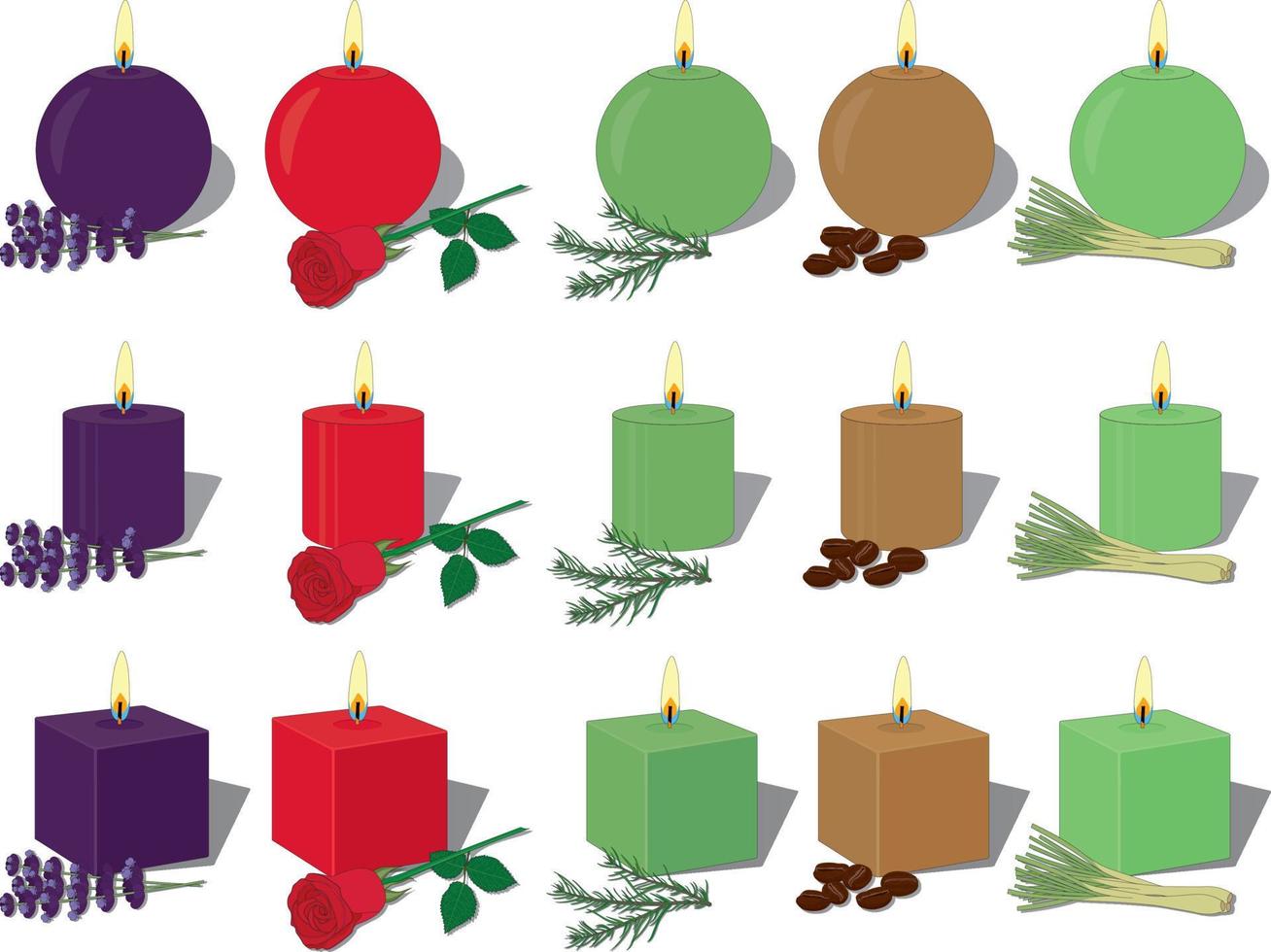 Wax aroma scented candles different forms collection vector illustration
