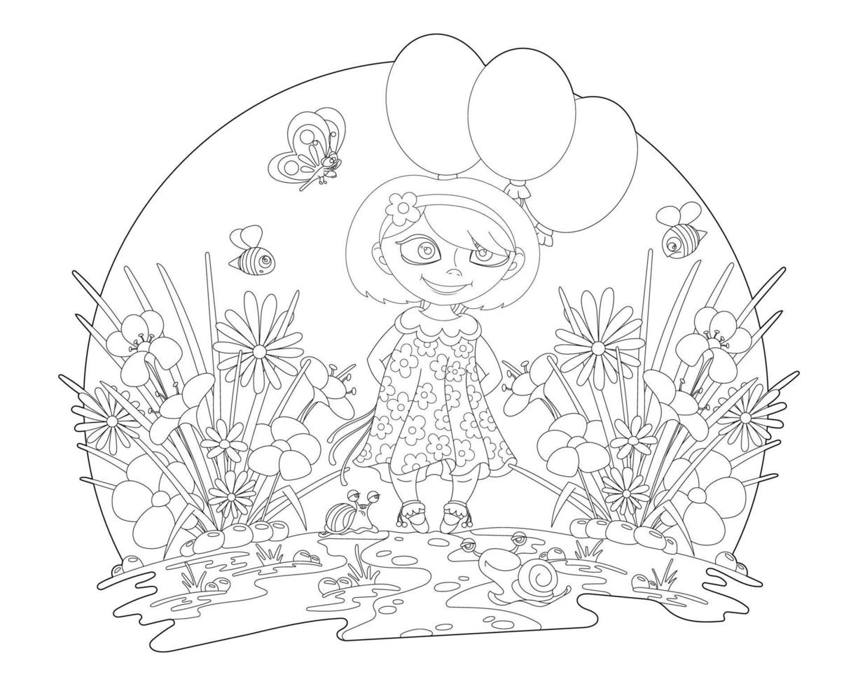 Girl in the summer garden coloring page. Antistress for kids and adult vector