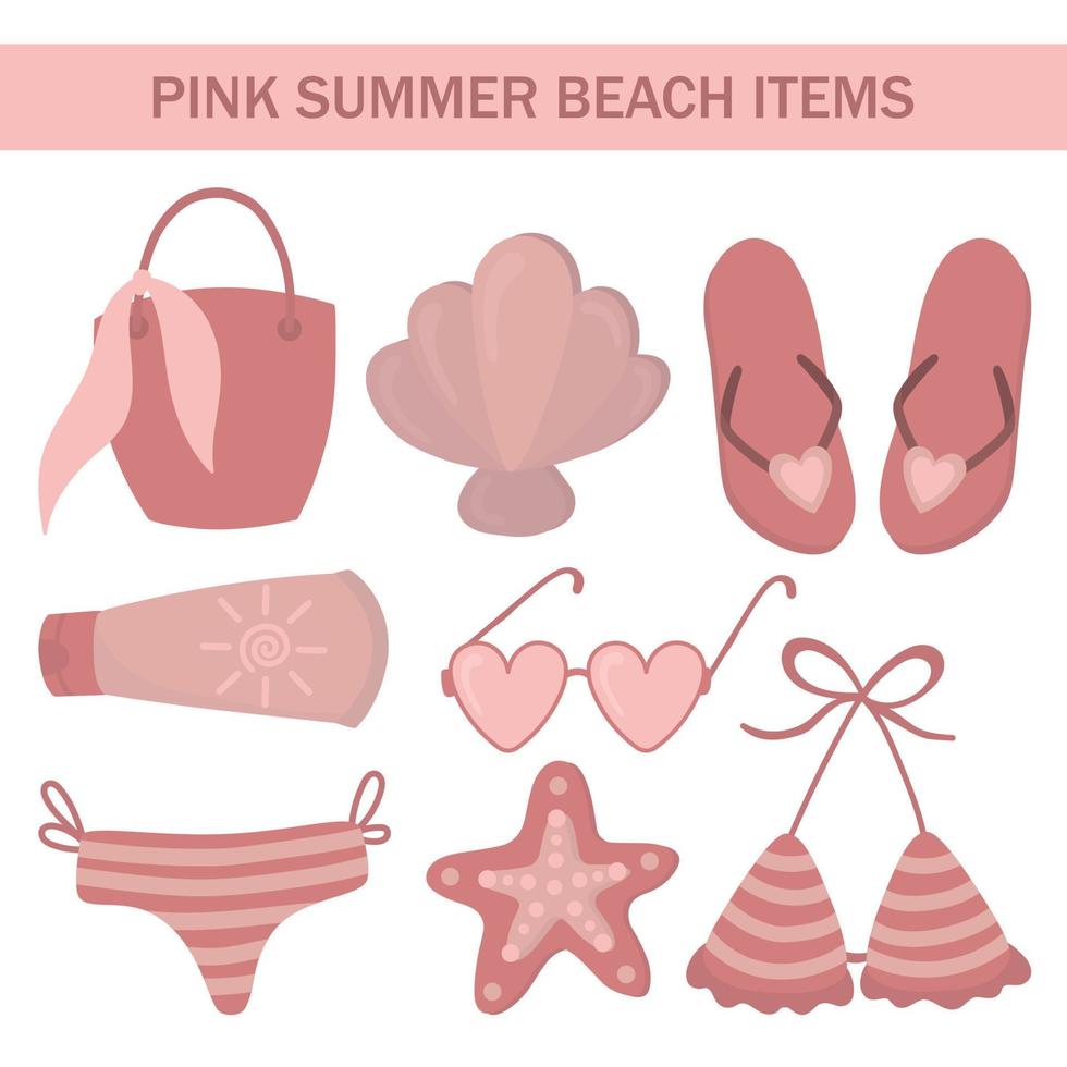 artículos de playa de verano rosa. vector