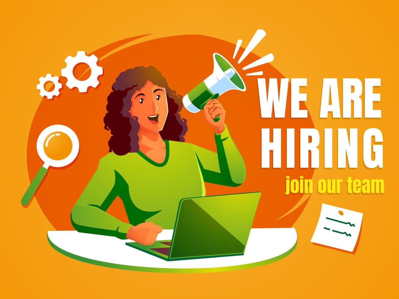 Woman announce jobs with megaphone recruiting to join the announcement team vector