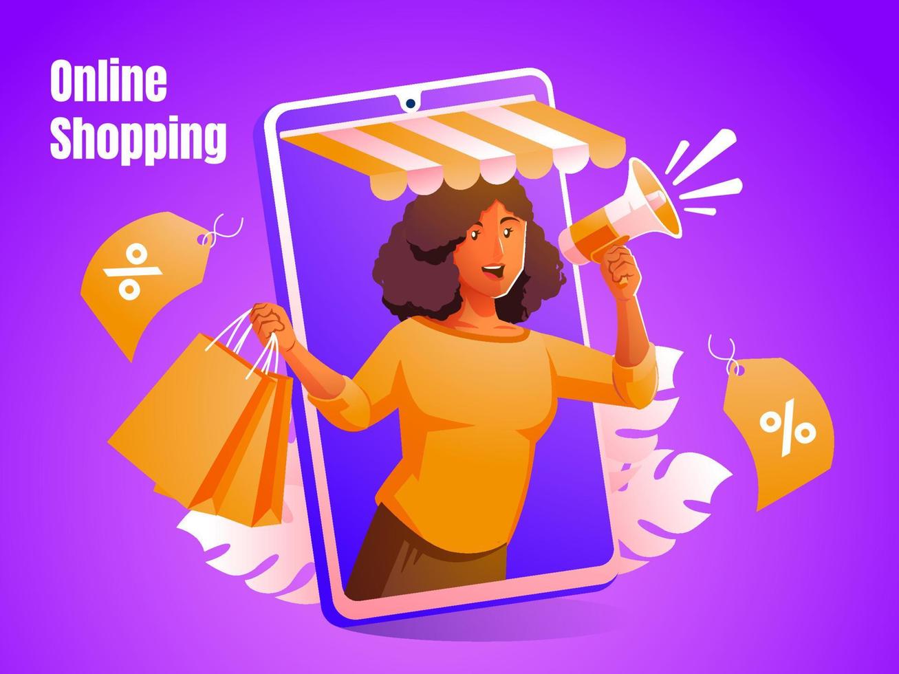 women with online shop concept giving discount offer vector