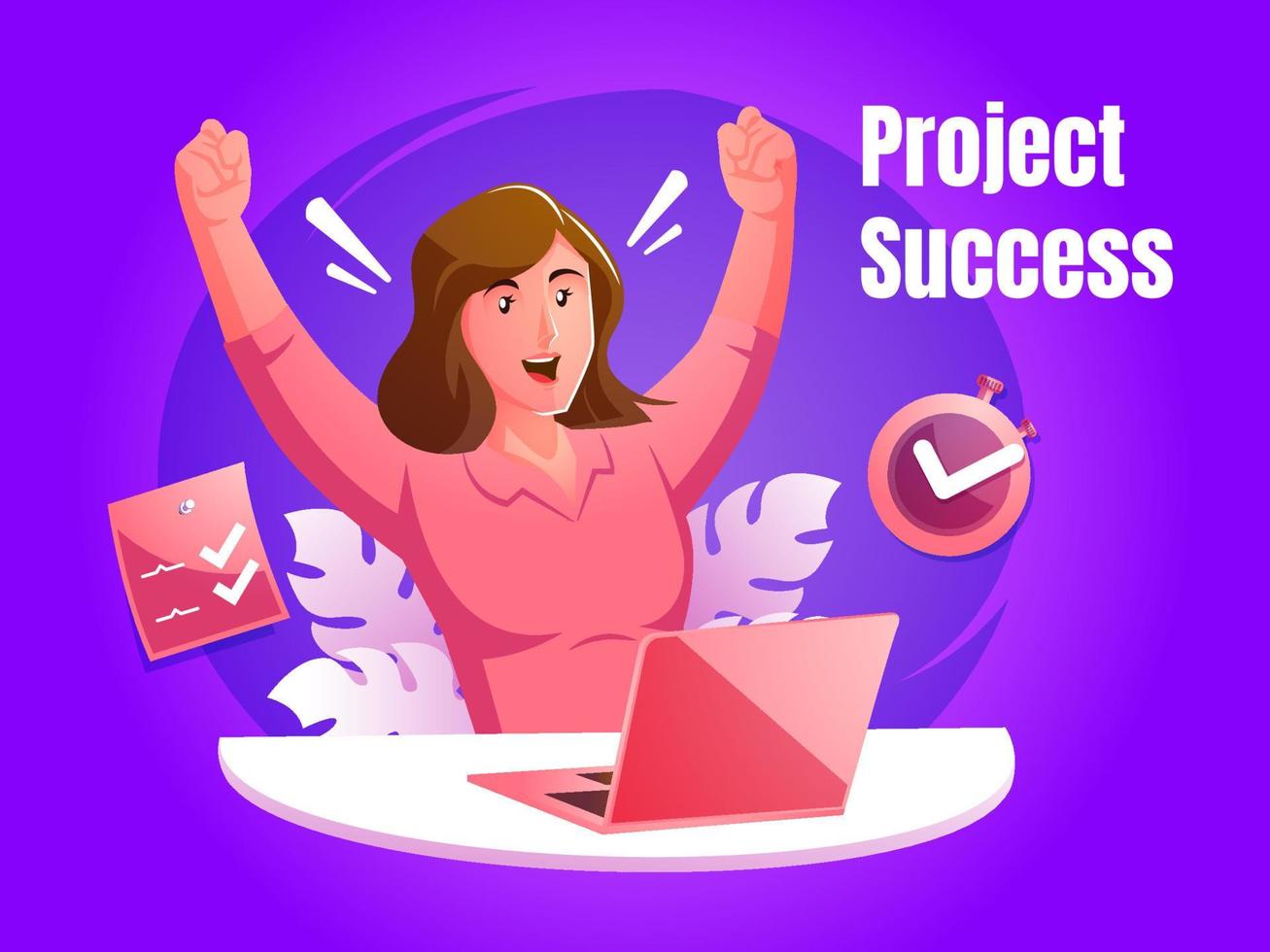 Happy woman completing task with hands raised at her workplace, Job well done, Completed task vector