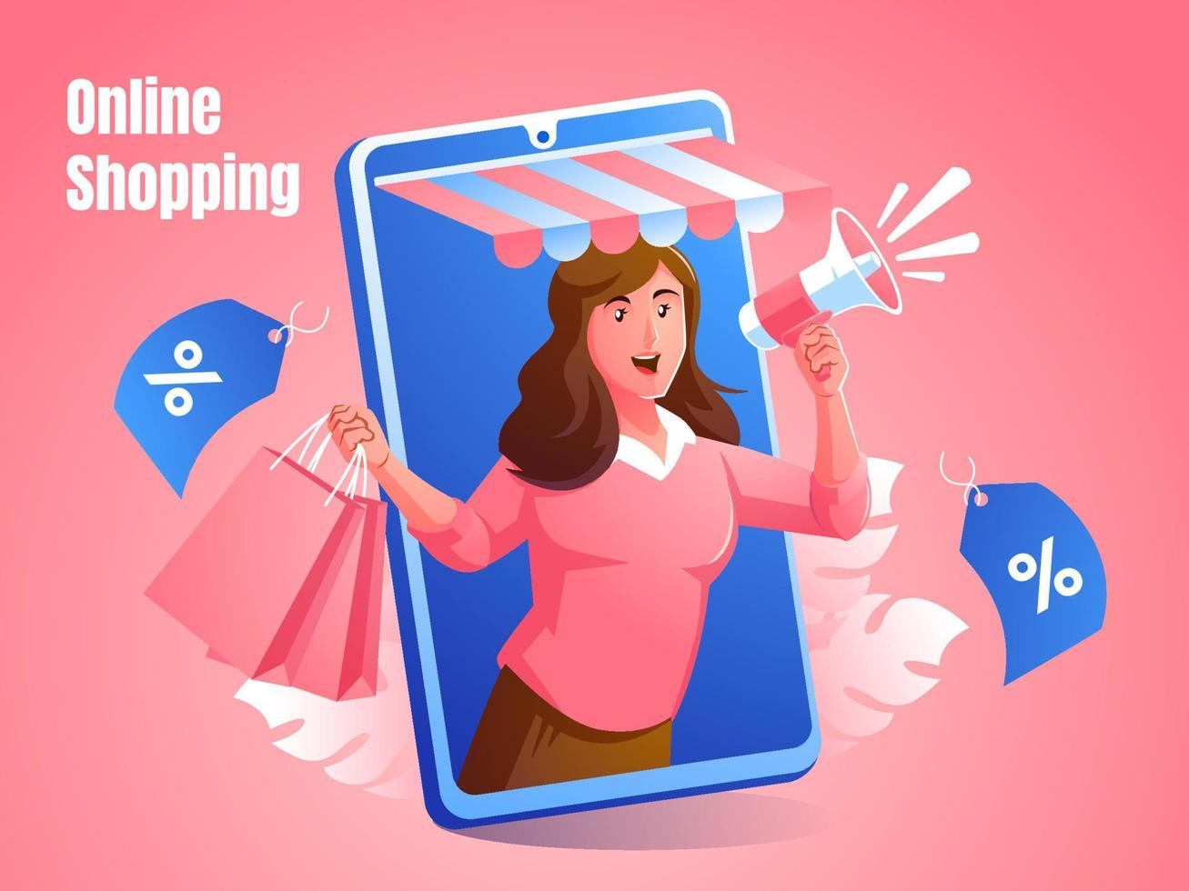 women with online shop concept giving discount offer vector