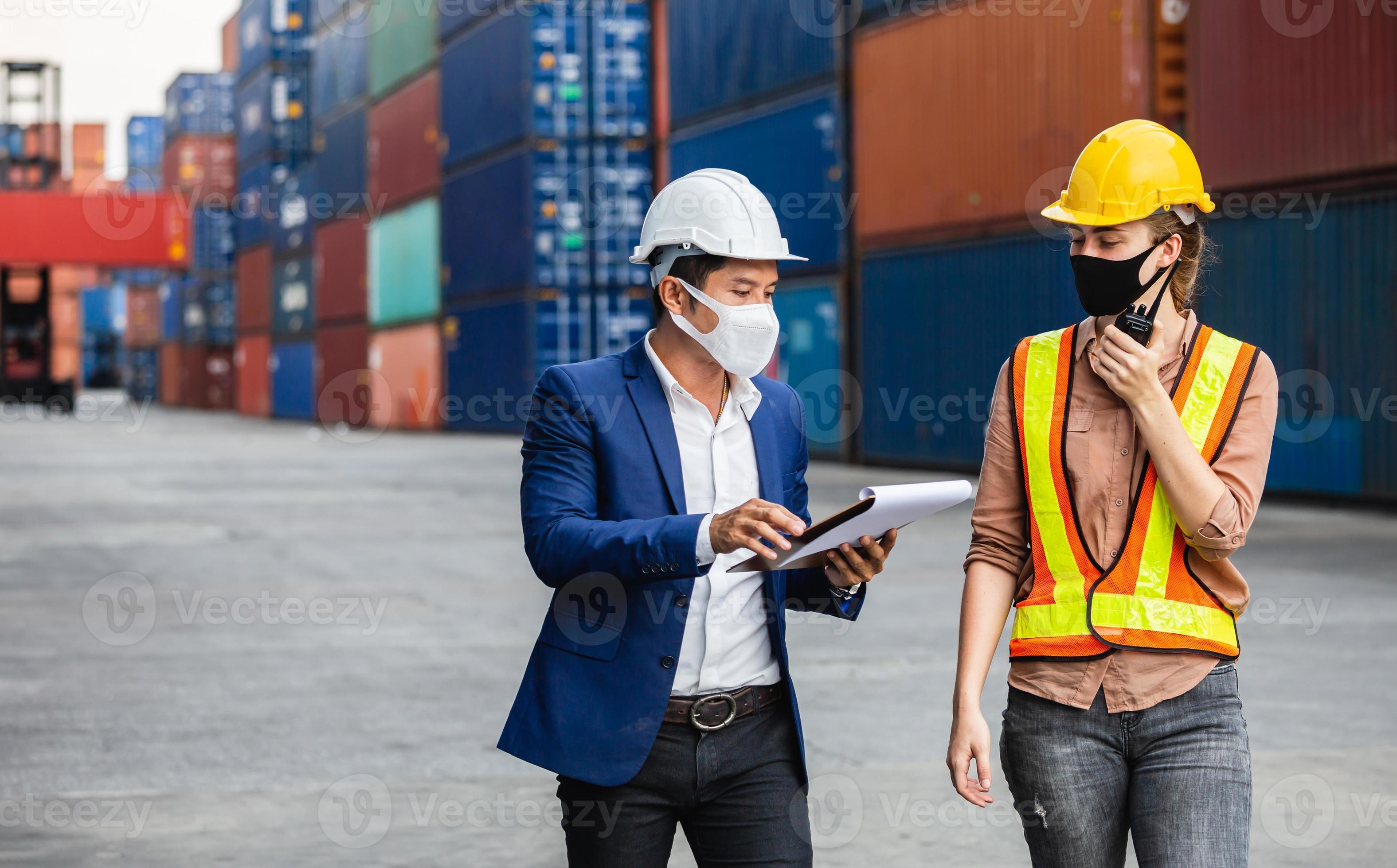 Supervisor and worker in the container yard, Industrial engineer and