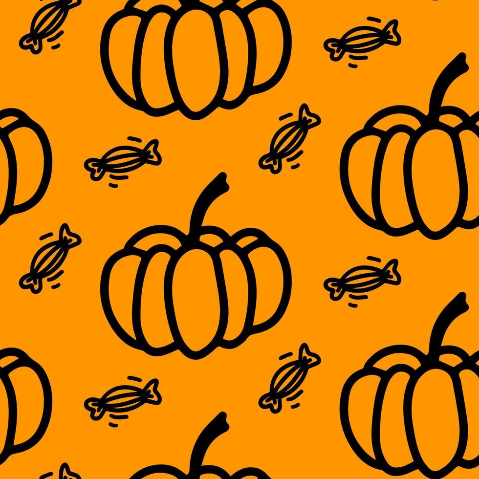 Vector halloween seamless pattern of pumpkin, candy on the orange background. Cute illustration for seasonal design, textile, decoration kids playroom or greeting card. Hand drawn prints and doodle.