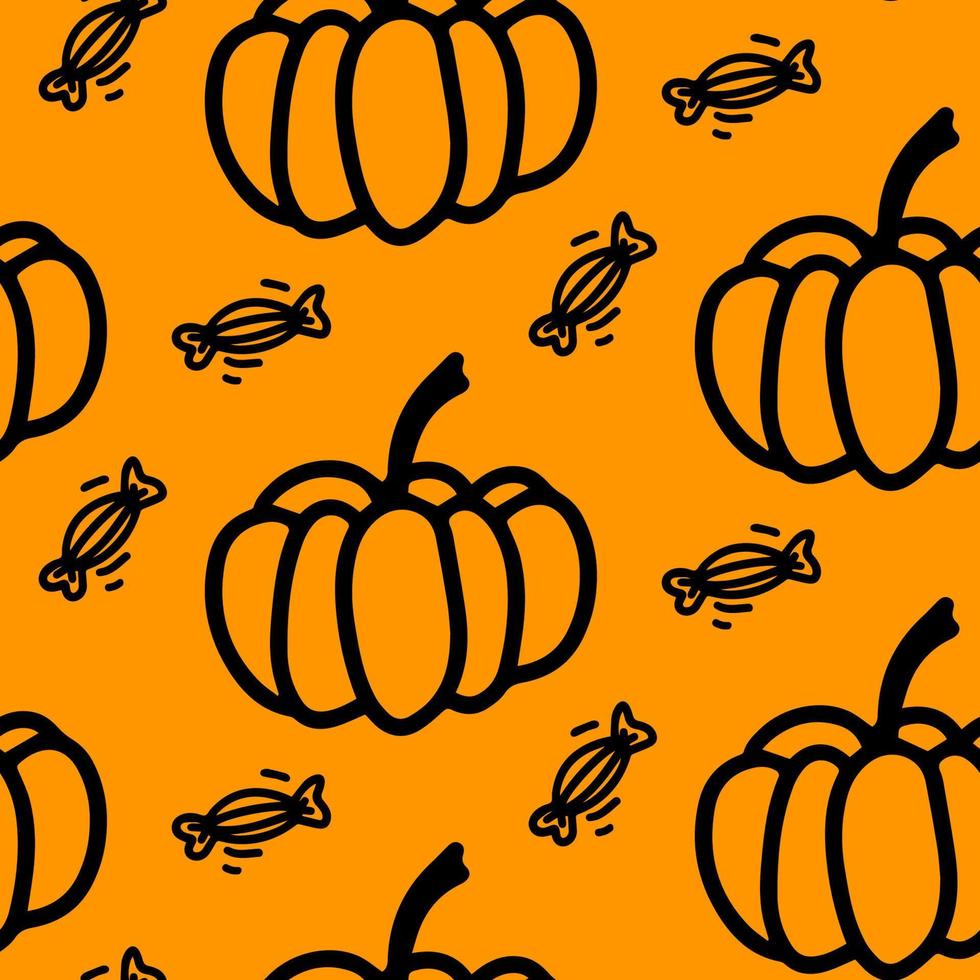 vector halloween patrón sin costuras de calabaza, caramelo en el fondo naranja. linda ilustración para diseño de temporada, textil, decoración de sala de juegos para niños o tarjeta de felicitación. impresiones dibujadas a mano y garabatos.