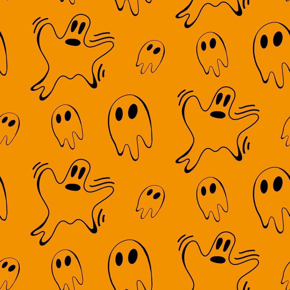 Vector halloween ghost seamless pattern isolated on orange background. Funny, cute illustration for seasonal design, textile, decoration kids playroom or greeting card. Hand drawn prints and doodle.