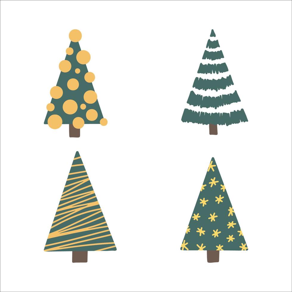 Vector set of doodle christmas trees. Hand drawing winter background with fir tree, Christmas ornaments, stars and snowflakes. Happy new year holiday poster with Christmas symbols. Isolated on white.