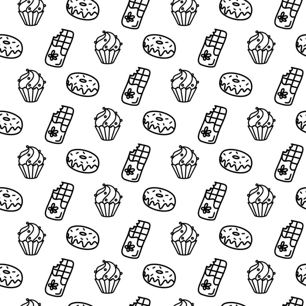 Vector hand drawn seamless pattern with different sweet icons isolated on white background. Doodle donut, cake, cupcake, chocolate wrap in line art style for a cafe decor. Adult and kids coloring page