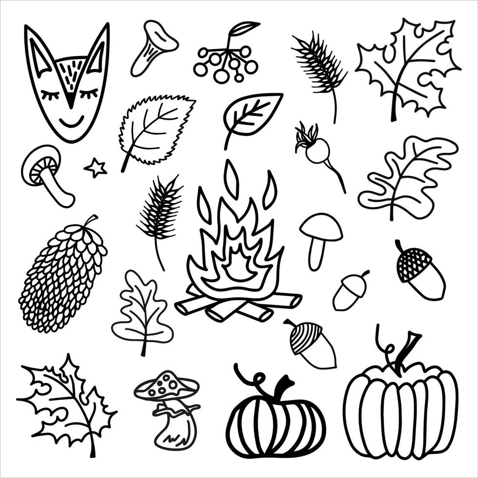 Cute doodle autumn set with acorns, leaves, mushrooms, cute animals, pumpkins and other gifts of autumn. Hand drawn vector illustration for greeting cards, posters and seasonal design.