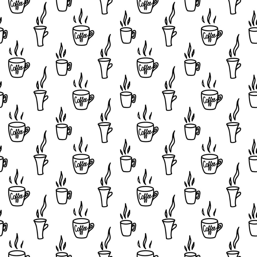 Vector hand drawn seamless pattern with different kitchen icons isolated on white. Doodle cup, mug, tea ceremony wrap in line art style for a cafe decor. Adult and kids coloring page