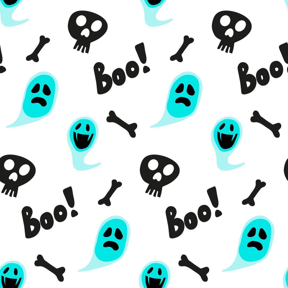 Halloween doodle festive seamless pattern. Vector background with skulls, spiders, ghosts, bones and speech bubble with boo. Illustration for seasonal design, textile, decoration or greeting card.