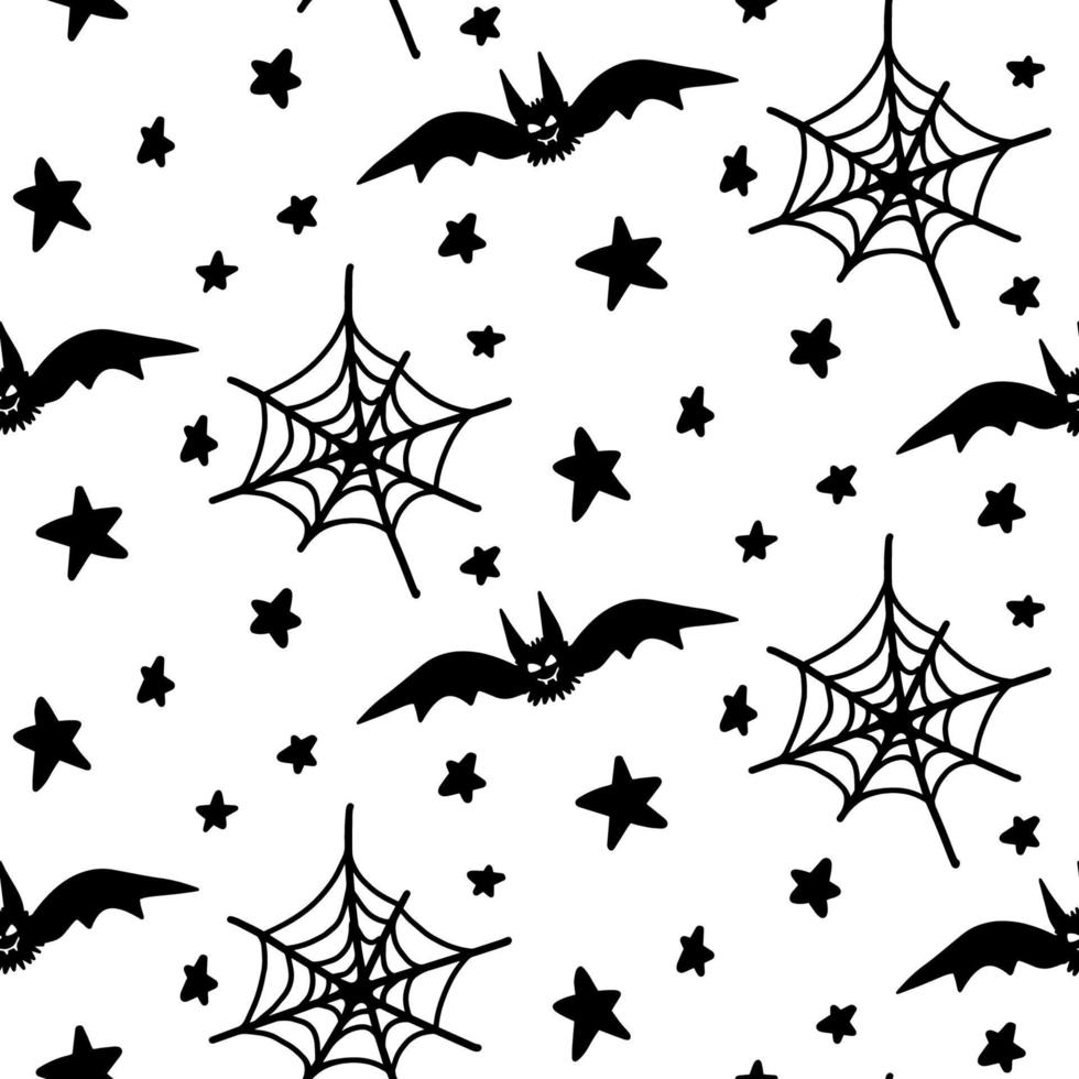 Murciélago de halloween vectorial, estrella, patrón sin costuras de tela de araña aislado en fondo blanco. linda ilustración para diseño de temporada, textil, decoración de sala de juegos para niños o tarjeta de felicitación. garabato dibujado a mano. vector