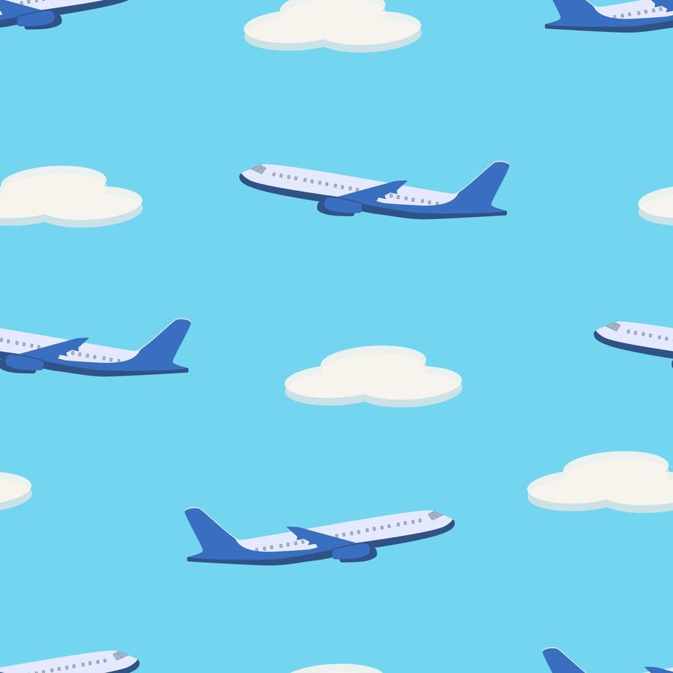 Seamless Pattern Passenger plane in flight on the background of the sky with clouds. Vector illustration of an airplane