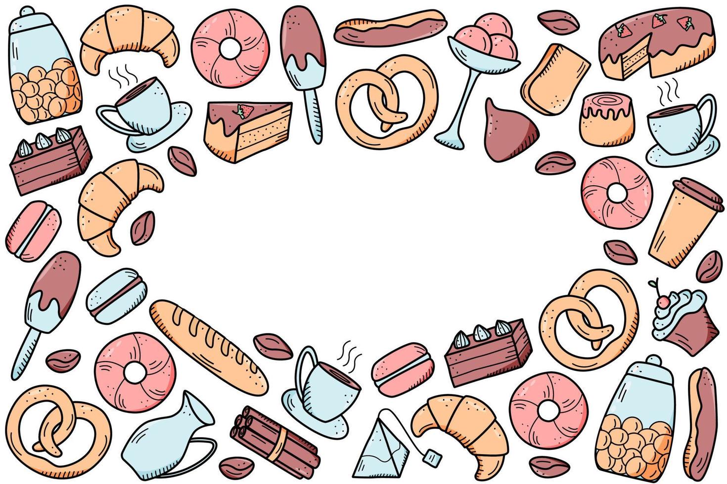 Vector elements of sweet snacks and pastries, coffee dishes. Excellent for decorating cafes and menus. Doodle icon style