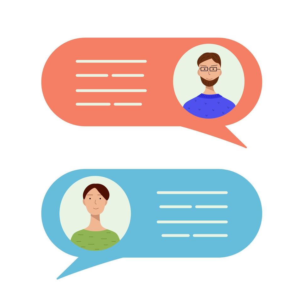 Avatars two men in speech bubbles. Concept of chat, message, web communicate, messenger. Vector illustration of an online conversation