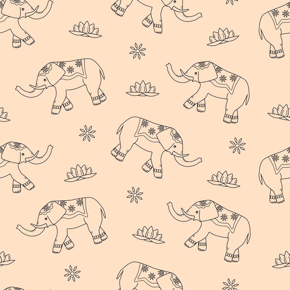 patrón impecable de elefantes decorados, lotos y motivos florales. el concepto de cultura india. lindo fondo de dibujos animados vector