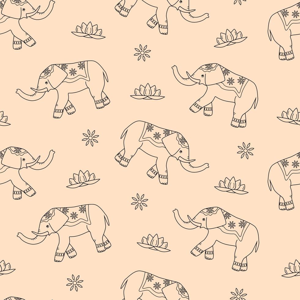 Seamless pattern of decorated elephant, lotus and flower patterns. The concept of Indian culture. Cute cartoon background vector
